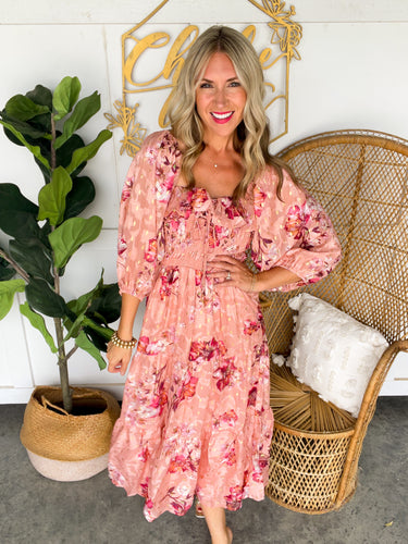 Dusty Apricot Floral Smocked Dress