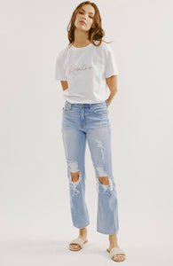 High Rise Slim Straight Light Wash Denim